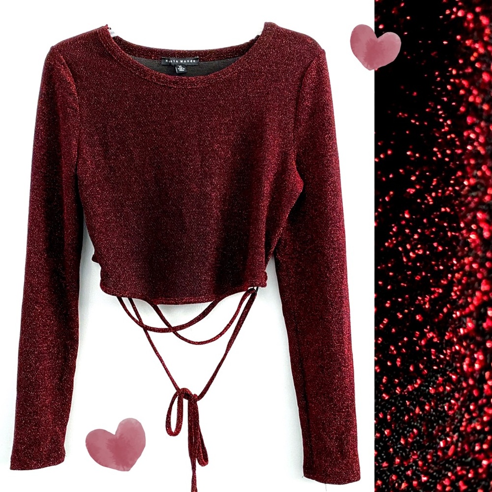 Metallic cropped long sleeve night out top, red black